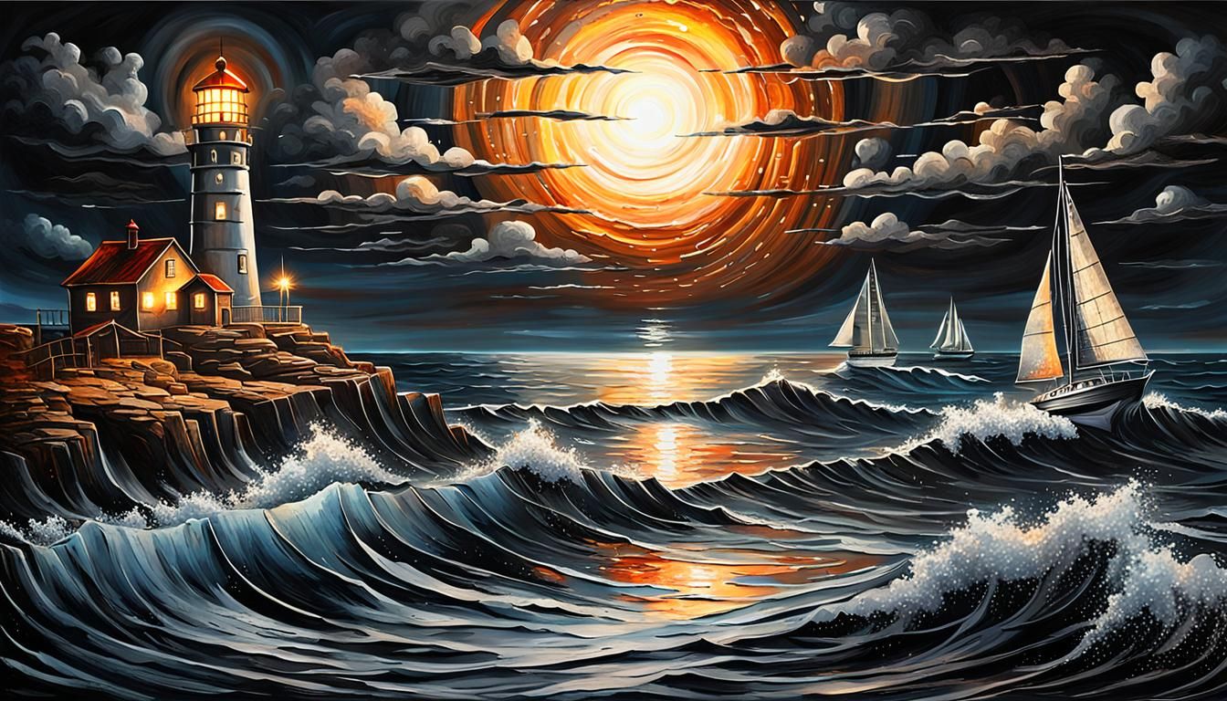 Splendid burnt metal sea landscape art, with a lighthouse at night, beaming down light on a sailboat ...  by @Kindly Offer