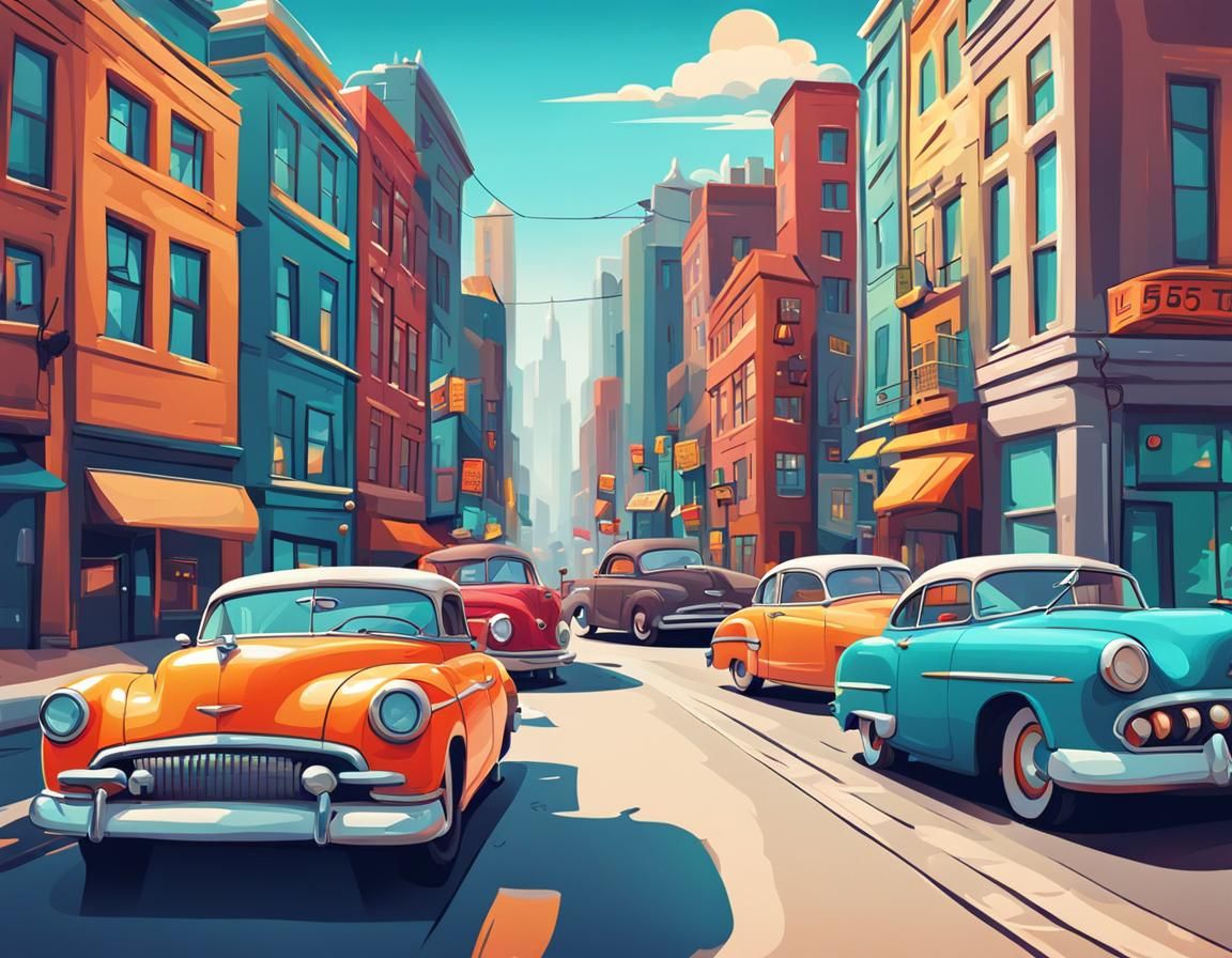 cartoon city street with cars and buildings in the backgroun...