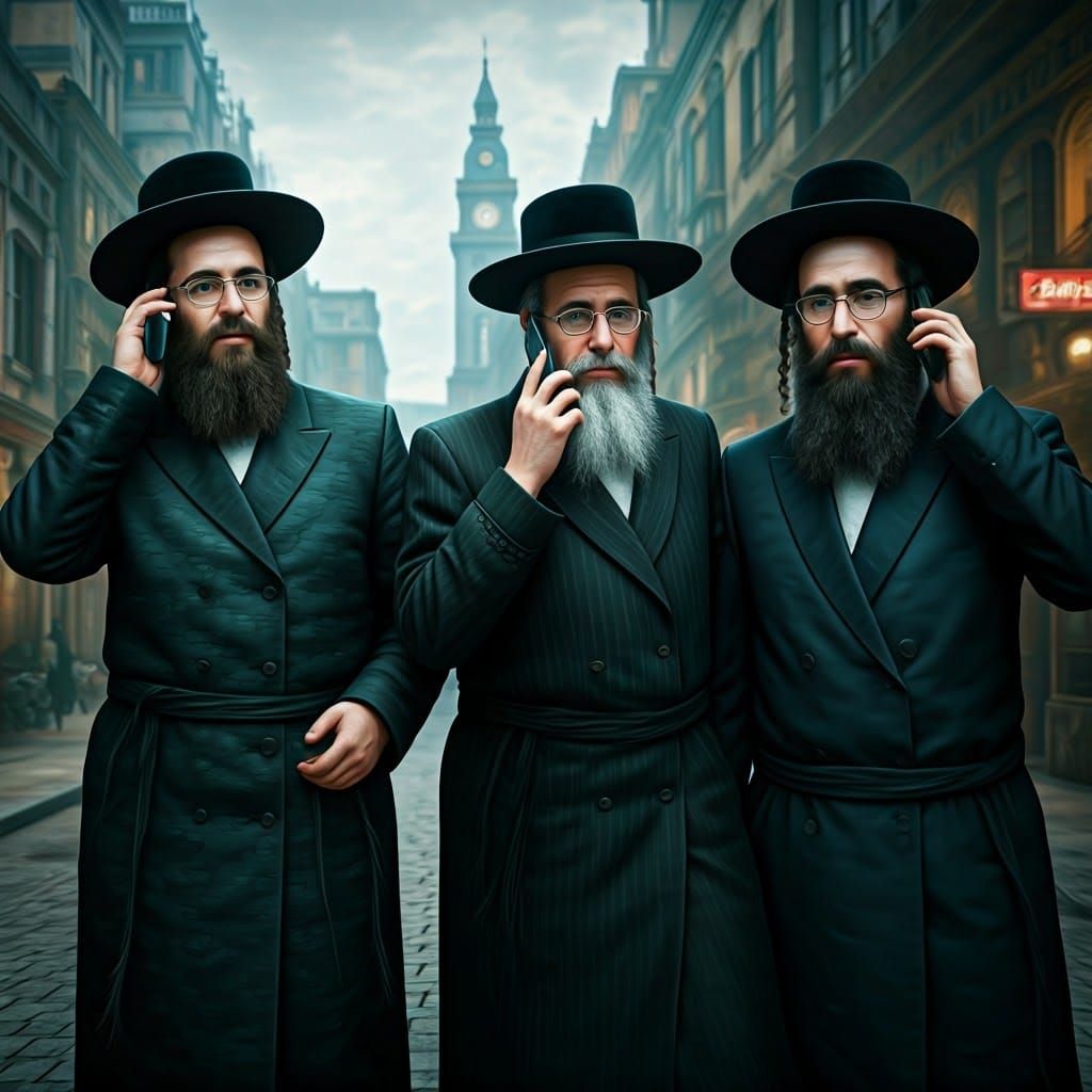 Haredi Men Walking Through Bustling City Street in Tradition...