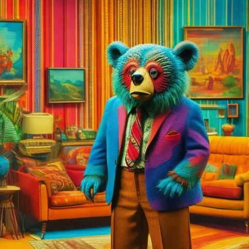 <lora:Groovy Lounge:1.0>
A bear-like creature in vintage clothes inside a groovy lounge. in Gouache Style, Watercolor, Museum Epic Impressio...
