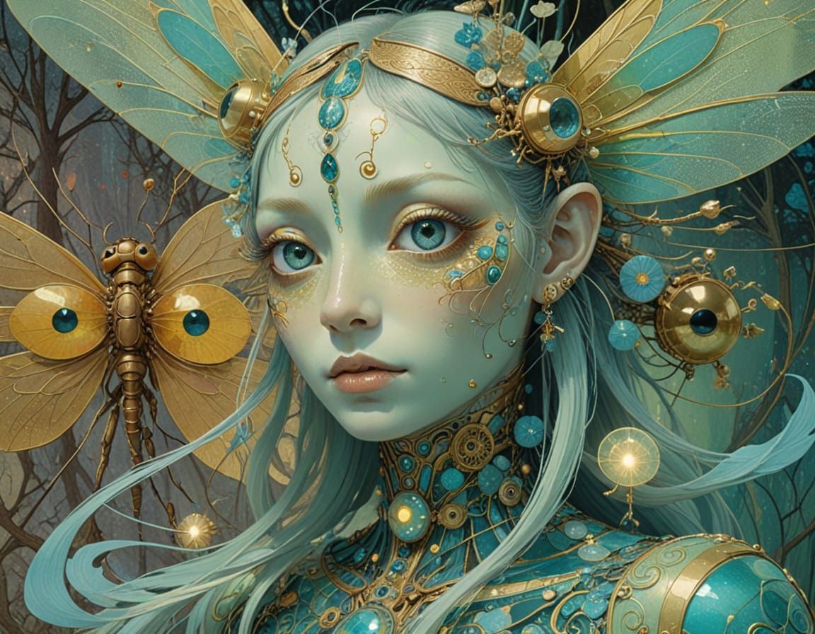 Luminous Android Dragonfly Entity in Energetic Cyan Hues, In...