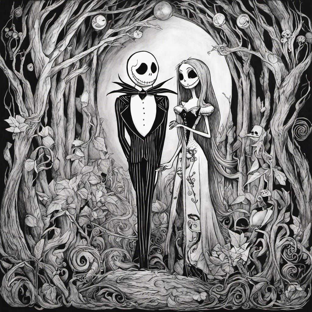 A black and white ink drawing of Jack skellington and Sally ...