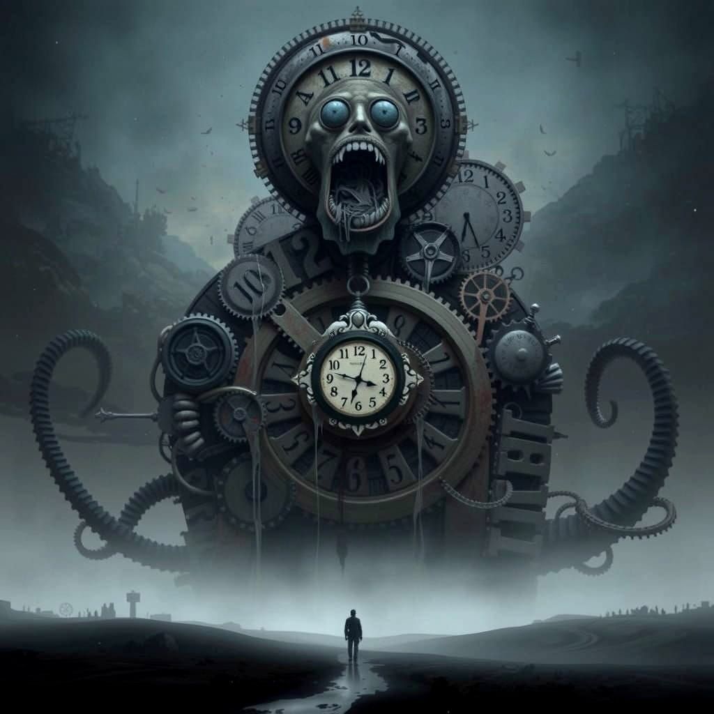 A melting clock towers over a dreamed-up landscape, its face warped and ...