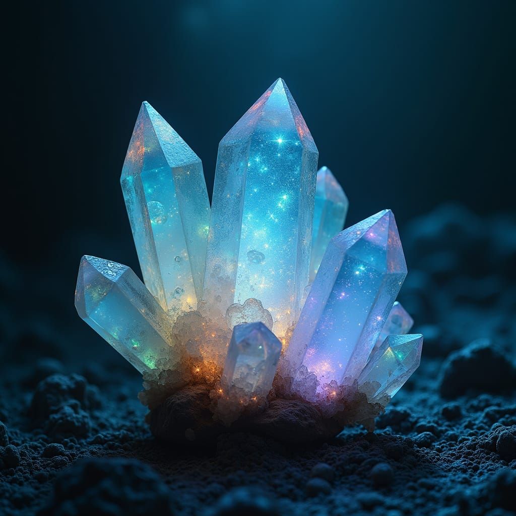 Crystals of strange iridescent hues, in the depths of the sea, beautiful, mysterious, high contrast, inner light, deep shadows 