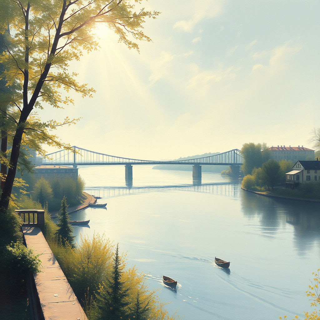 Impressionistic River Solitude: Azure Silence and Warm Light