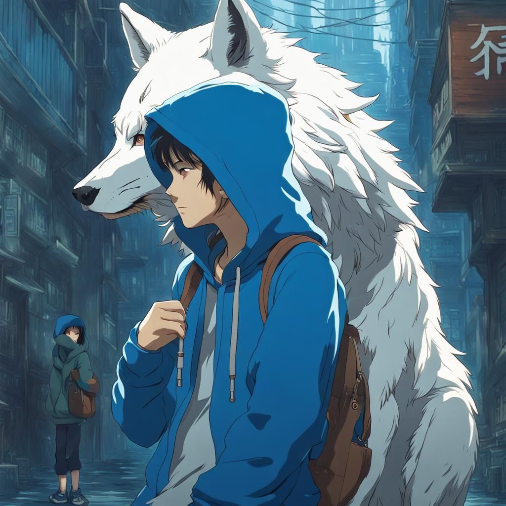 A white wolf and human hybrid wearing a blue hoodie Studio G...