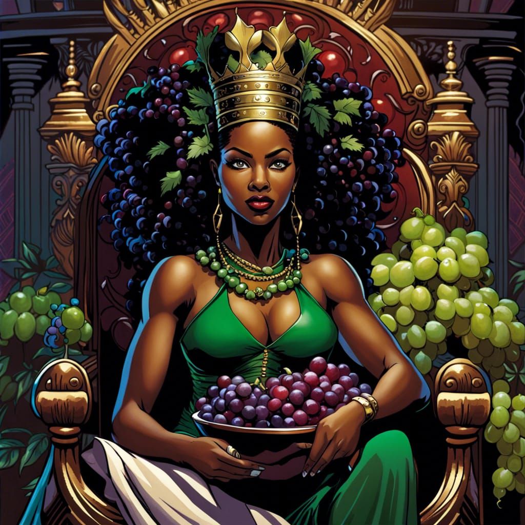 An African American beautiful Queen, sitting on her throne e...