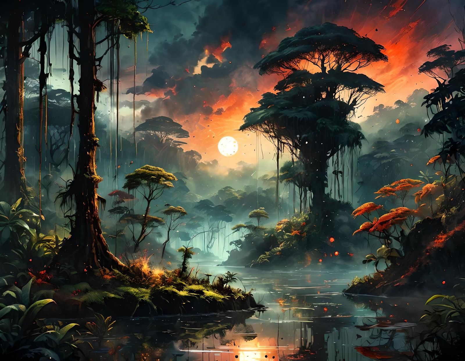 epic rainforest landscape trending on art station cinematic glowing sunset nighttime blood moon large ...  by @Dawnn