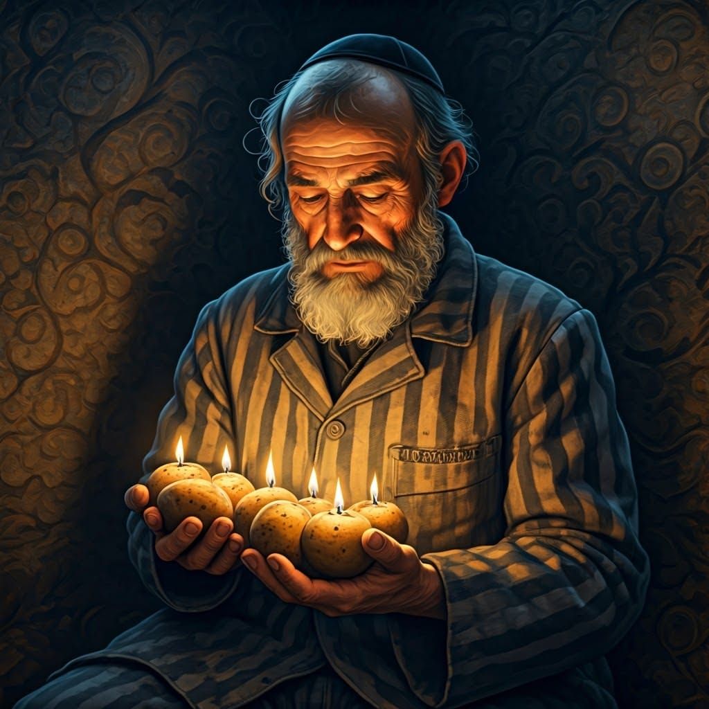 Weathered Man Tenderly Cradles Potatoes Amidst Chagallian Dr...