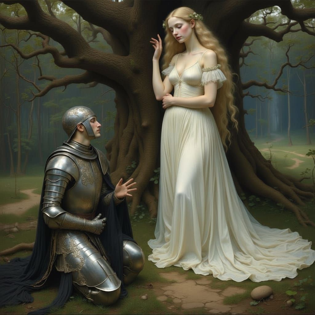 Knight Kneels Before Ethereal Maiden in Forest Clearing
