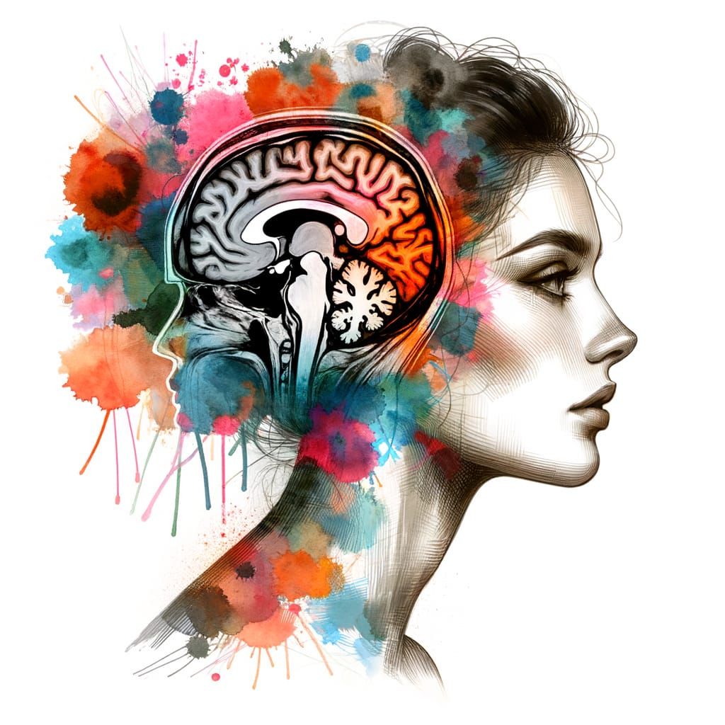 Double Exposure Portrait with MRI Scan in Watercolor Style