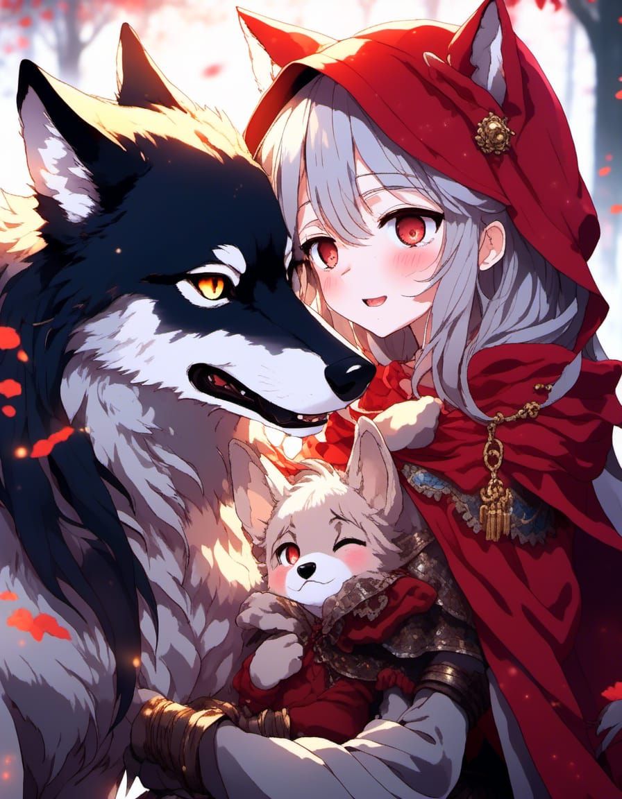 <lora:TG_Epsilon:1.0> little red riding hood kissing wolf, loving embrace with baby, moonlit reflection in wolf's eye, battle-scarred maiden...