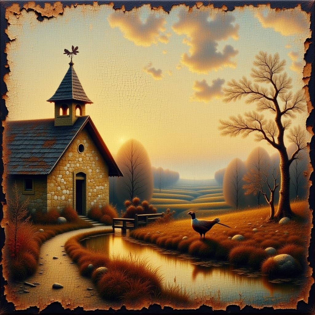 <lora:craquelur:1.0> cracks craquelure old japanese tapestry. pheasant near a chapel with a weathervane. Oil on canvas with worn edges, pain...