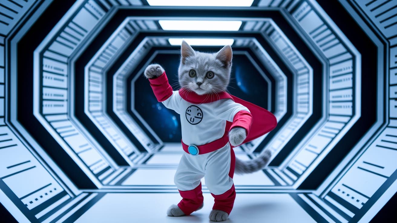 Cosmic Cat Hero Dances Through Galaxy Corridor