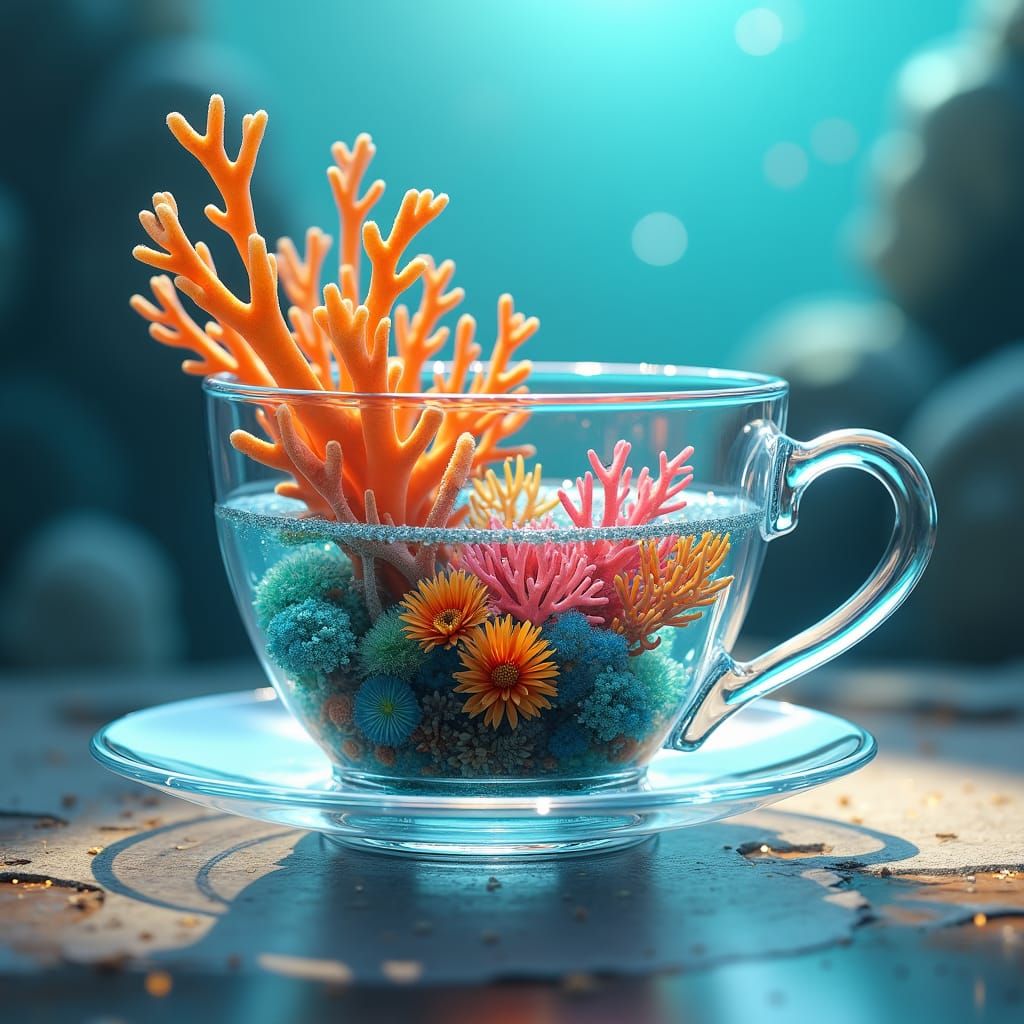 Coral Thriving in Glass Teacup: Fantasy Concept Art