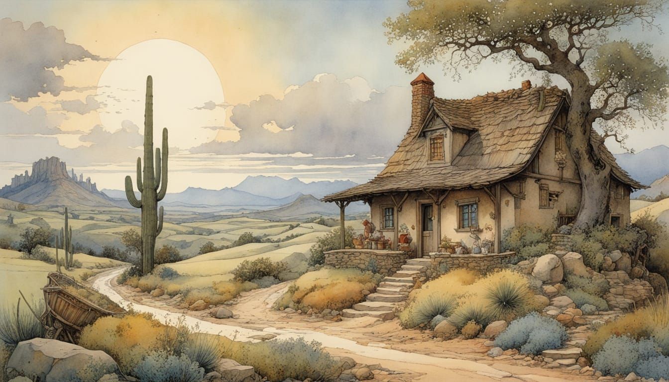 Arizona Night Adobe House in Storybook Illustration Style