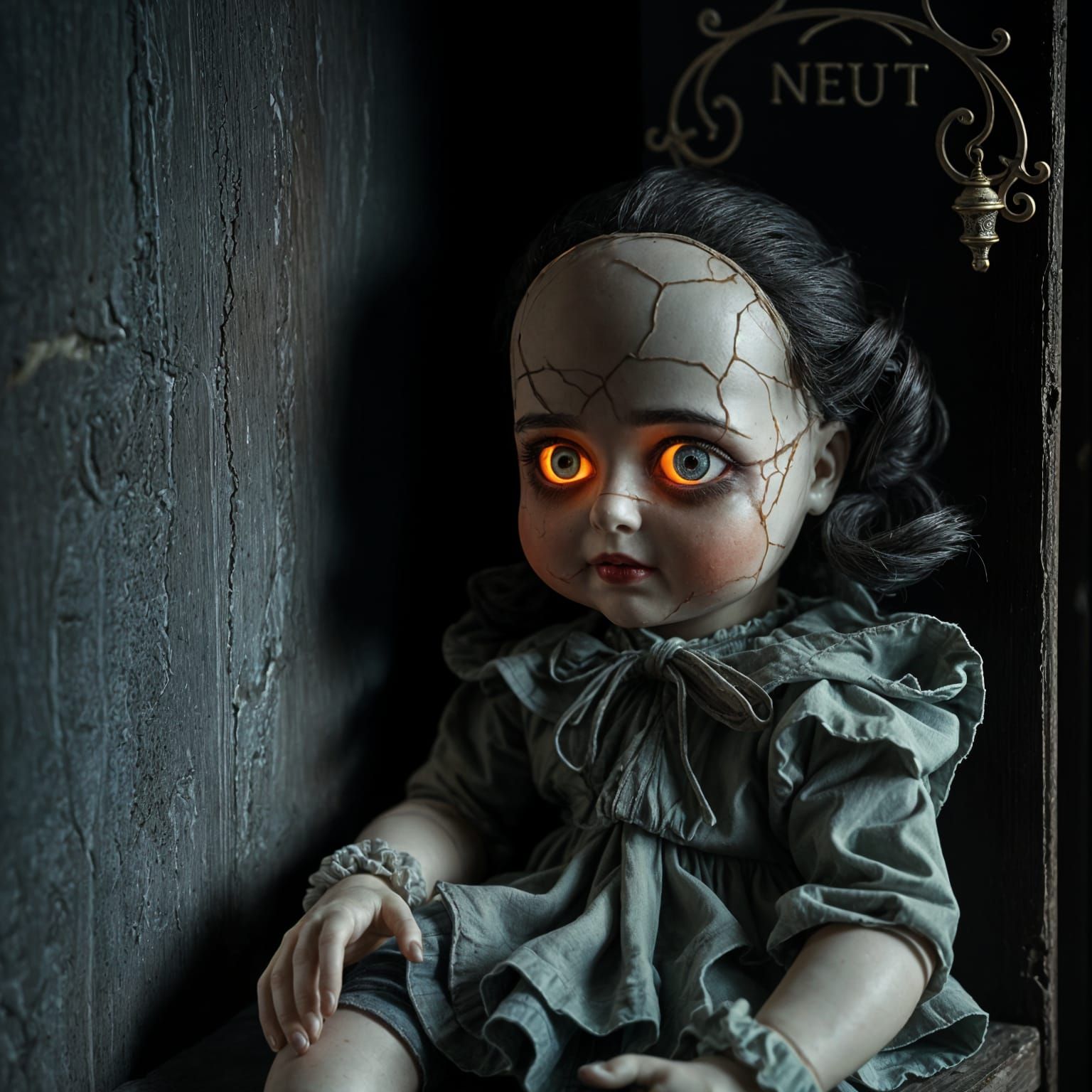 A dusty old doll with cracked porcelain and glowing eyes  by @Jack-Mike