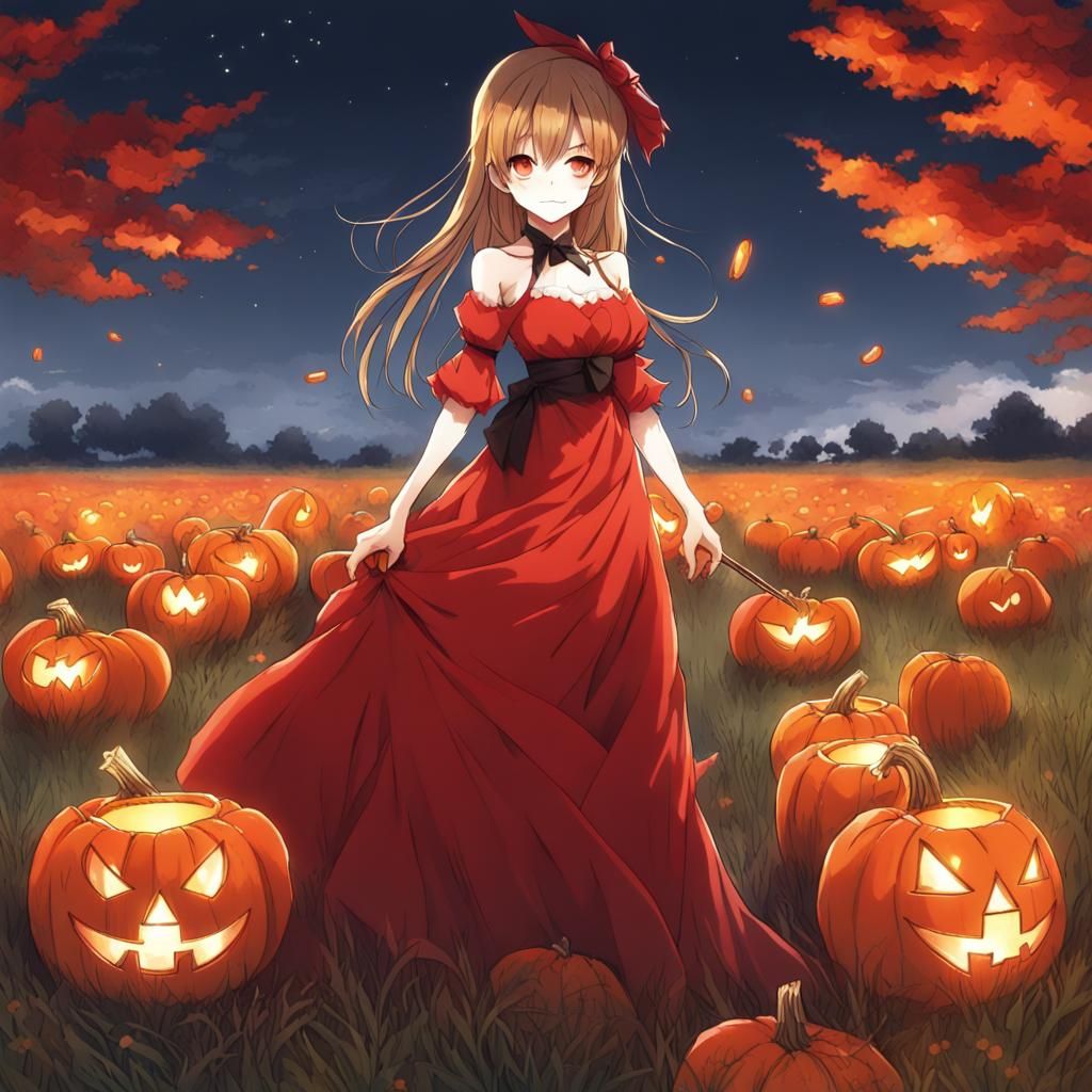 jack-o-lanterns with girl in long red dress in feild