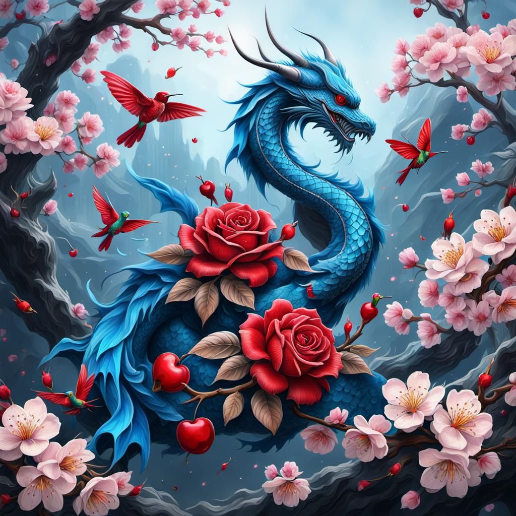 Red rose (full back tattoo with (cherry blossoms, hummingbir...