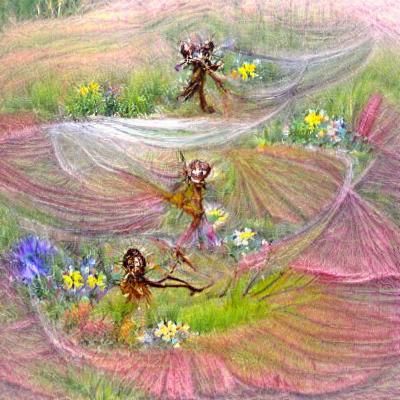 Two fairies with gossamer wing dancing in a forst clearing s...