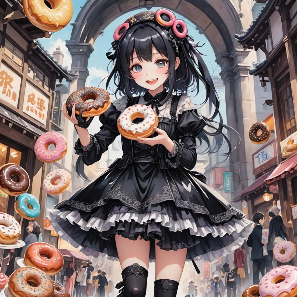 Gothic Woman with Donut in Anime Style