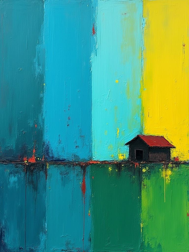 An abstract painting with multiple size brush stroke using blue, green and yellow. Blend the stroke until no borders visible. Most of them a...