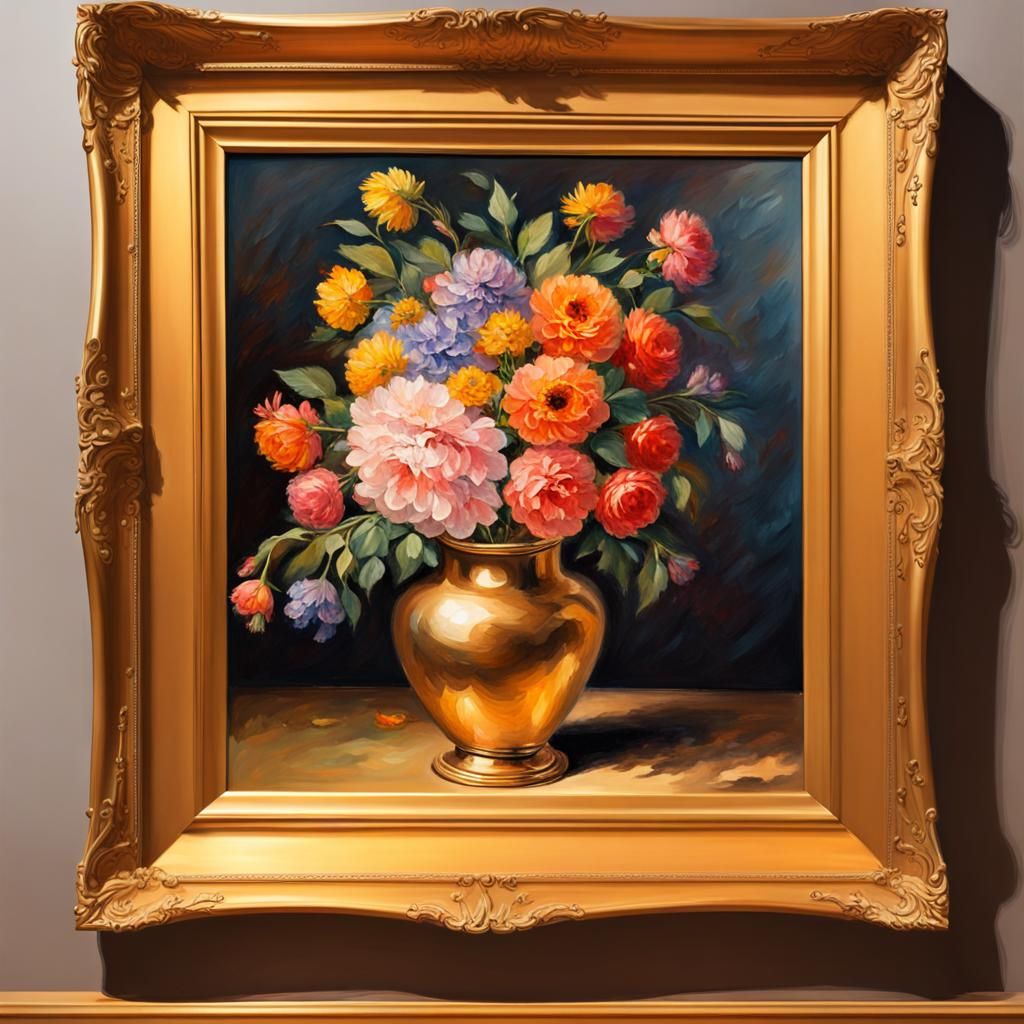 Flower Vase Still Life in a gold coloured frame hanging on t...