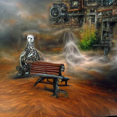 spooky ghost sitting sad on a bench looking at hell
