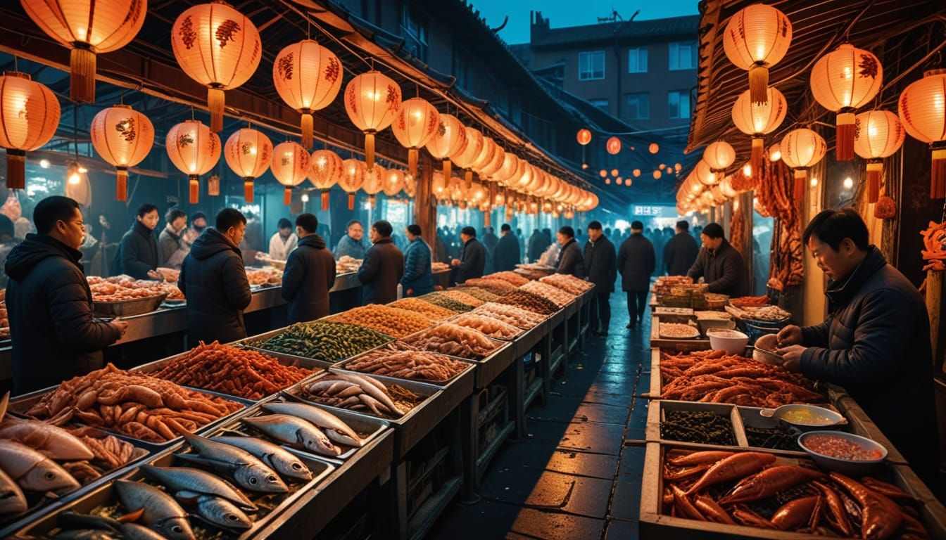 Nighttime fish market in Beijing. (Cinematic film still, film grain, vignette, color graded, post-processed, ...  by @Wycca