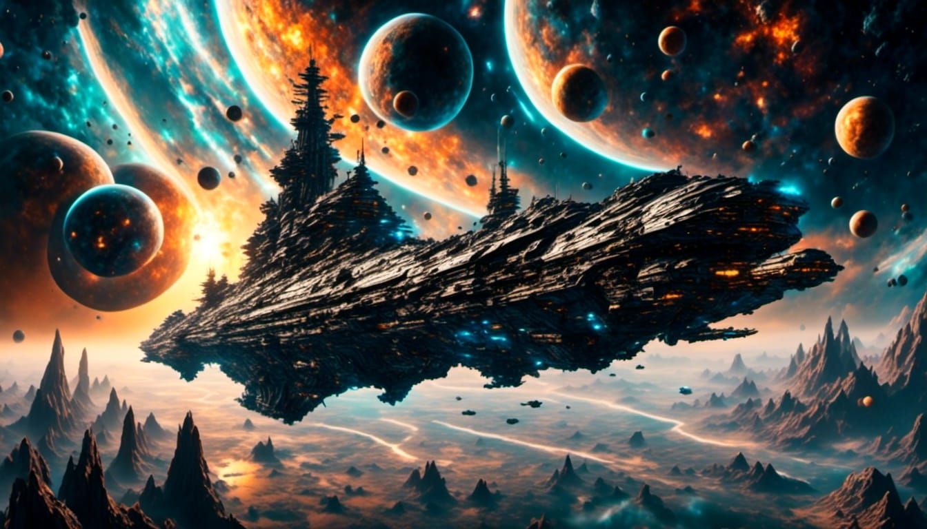 <lora:CottonCandy Galaxy:1.0> <lora:Black Light:1.0> <lora:DeeSciFi:1.0> The image depicts a large, massive capital space battleship cruisin...