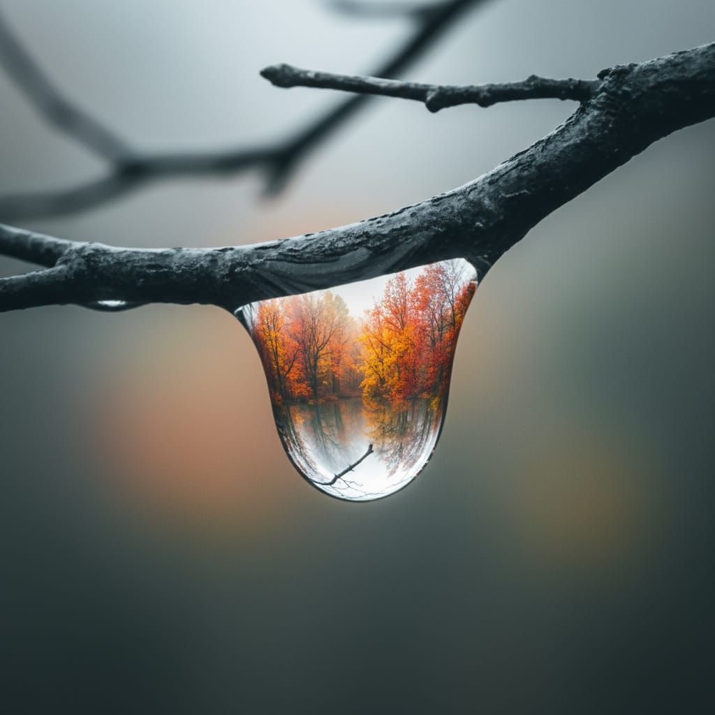 Create double exposure image, first image is a large raindrop hanging from a tree branch, second image is a transparent image of a fall colo...