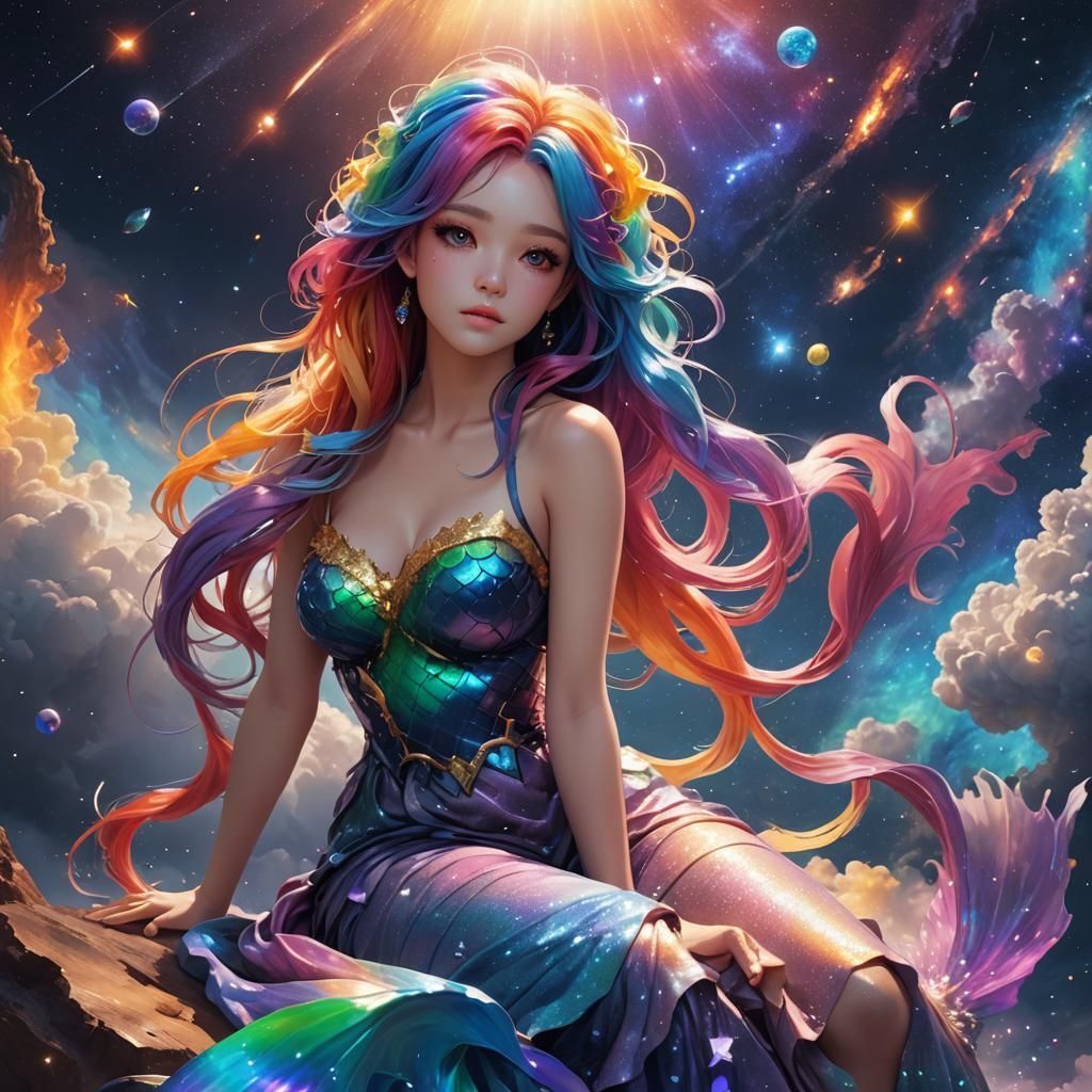 A rainbow-hair beautiful girl, mermaid dress sitting on a ne...