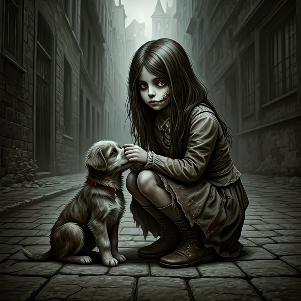 A zombie girl playing with a puppy