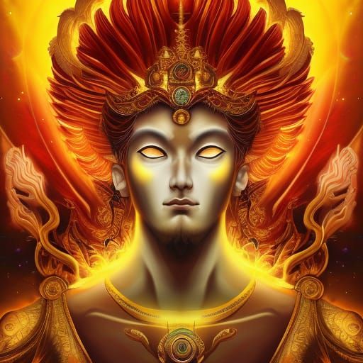 Sun God Human-Like with Fiery Eyes, luminous aura, celestial ...