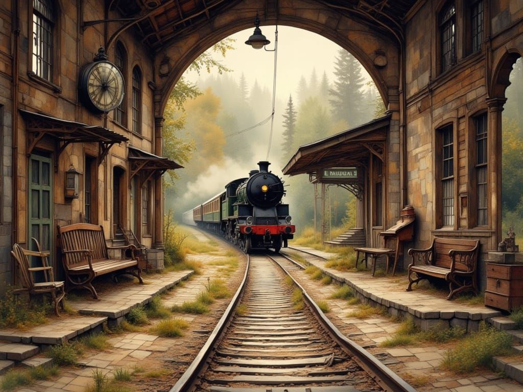 Vintage Countryside Railway Station with Steam Train