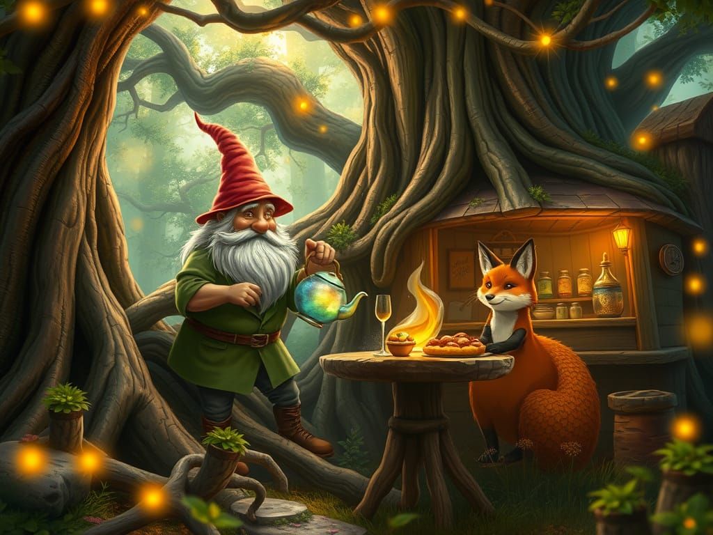 A whimsical woodland café nestled deep within an ancient, sun-dappled forest, operated by a community ...  by @Chris