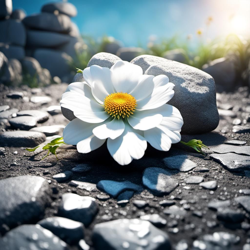 white flower growing on a stone in a vacant lot Hyperrealist...
