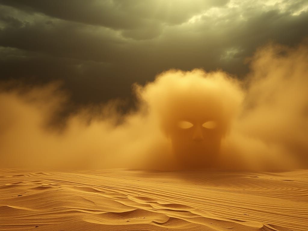 A sandstorm in the desert, a face is visible.  by @Caleidoscope