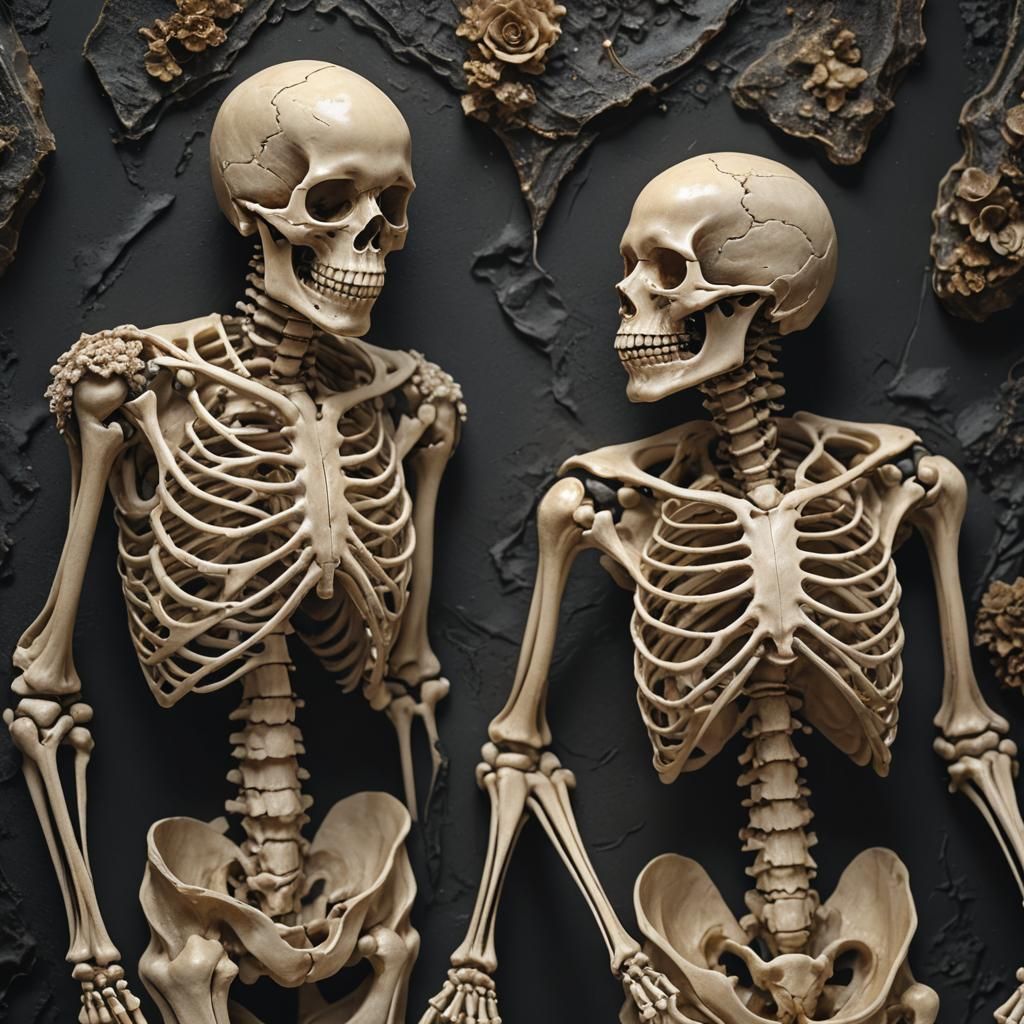 Wax resin cast of man and women skeleton up close embraced t...