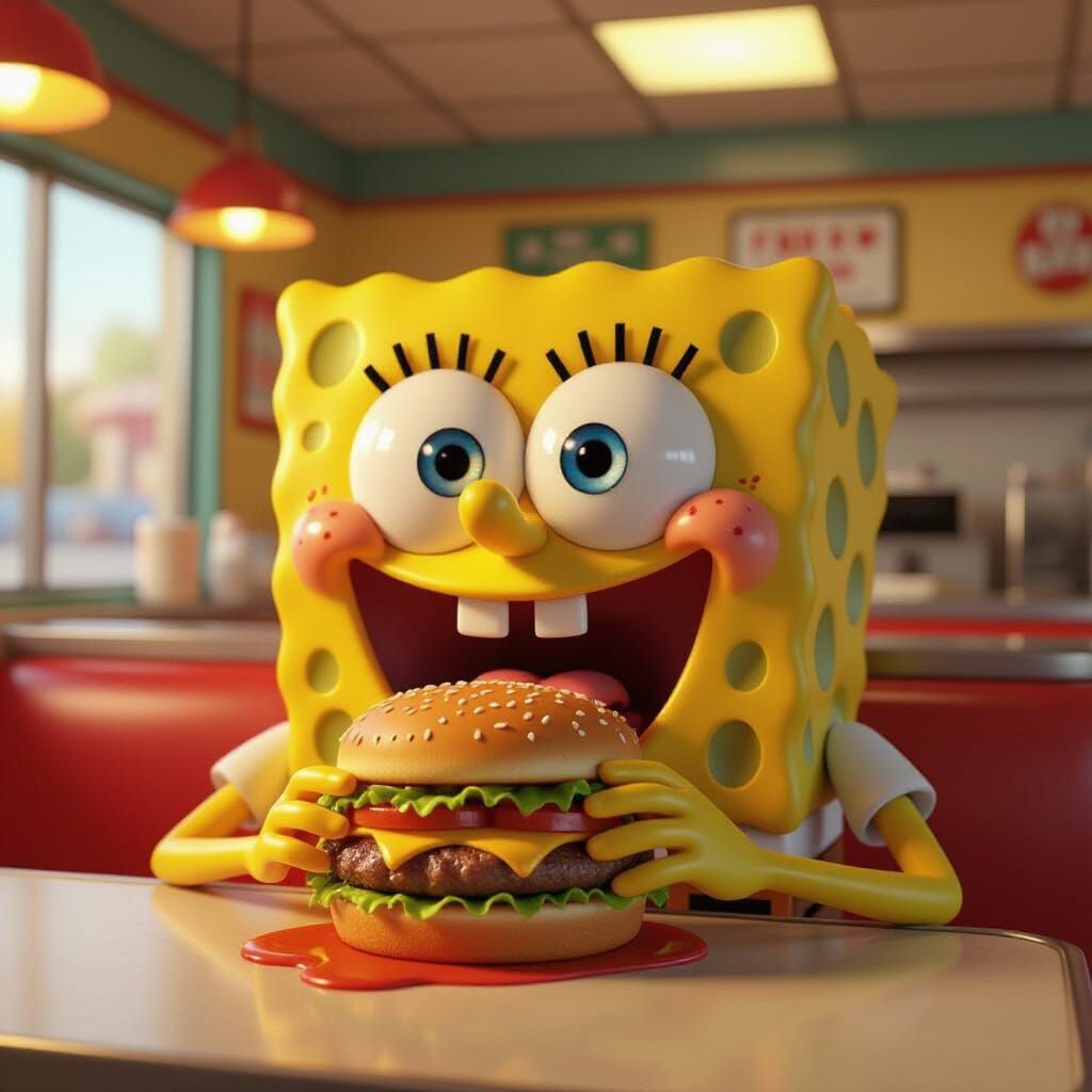 SpongeBob SquarePants Enjoys Burger at Krusty Krab