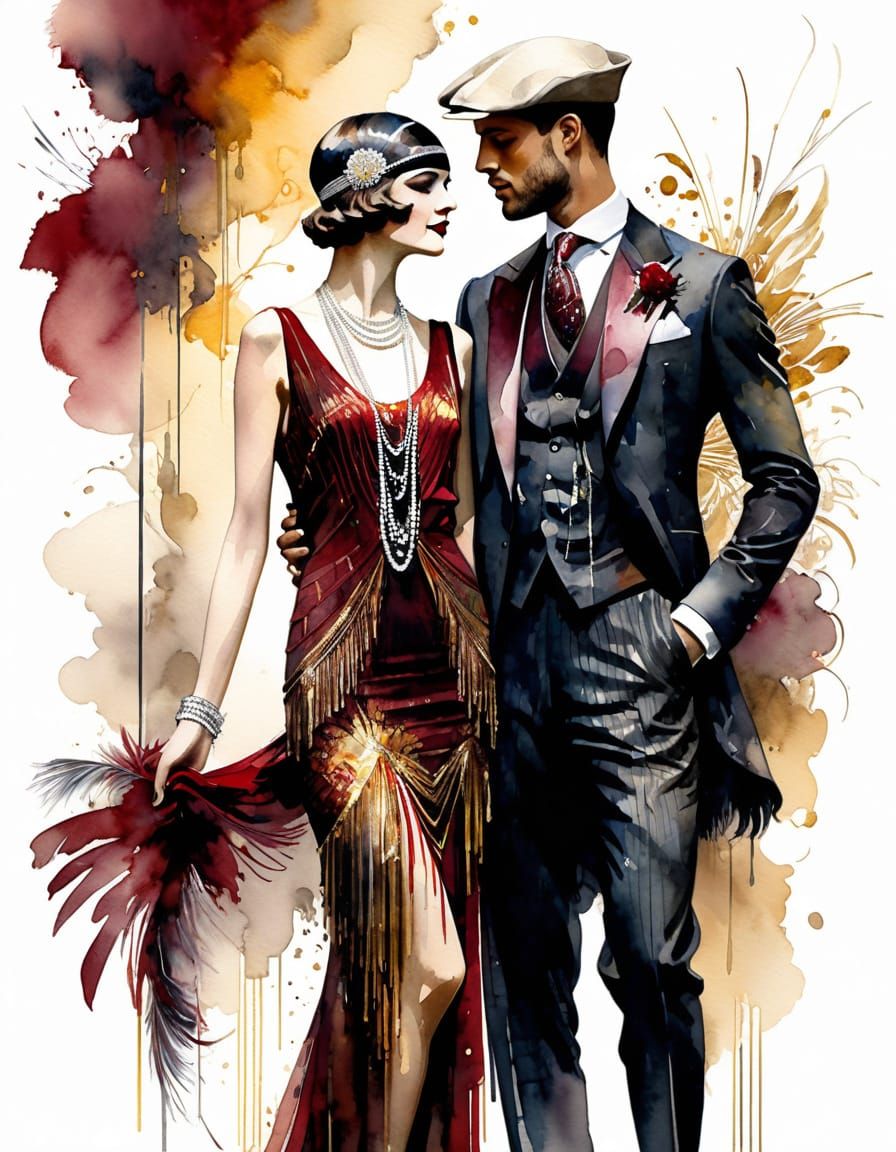 Art Deco Watercolor of Flapper and Man