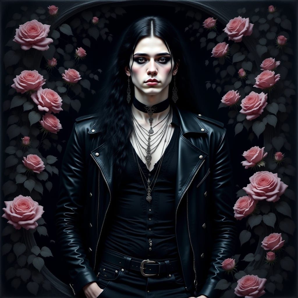<lora:Floral Intensity:1.0> Watercolor oil painting, young goth man with black make up goth jewelry, leather clothes, dark night background,...