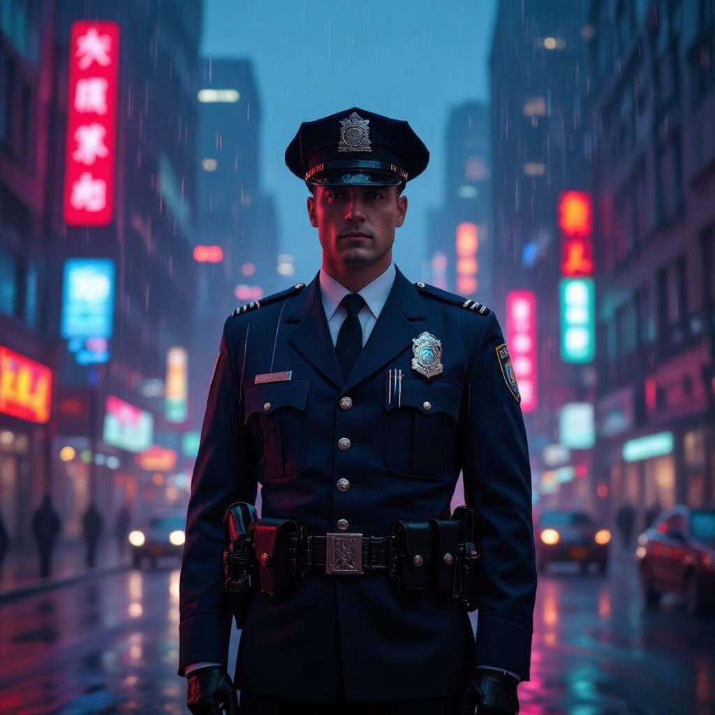 Police Officer in Rainy Neon Cityscape