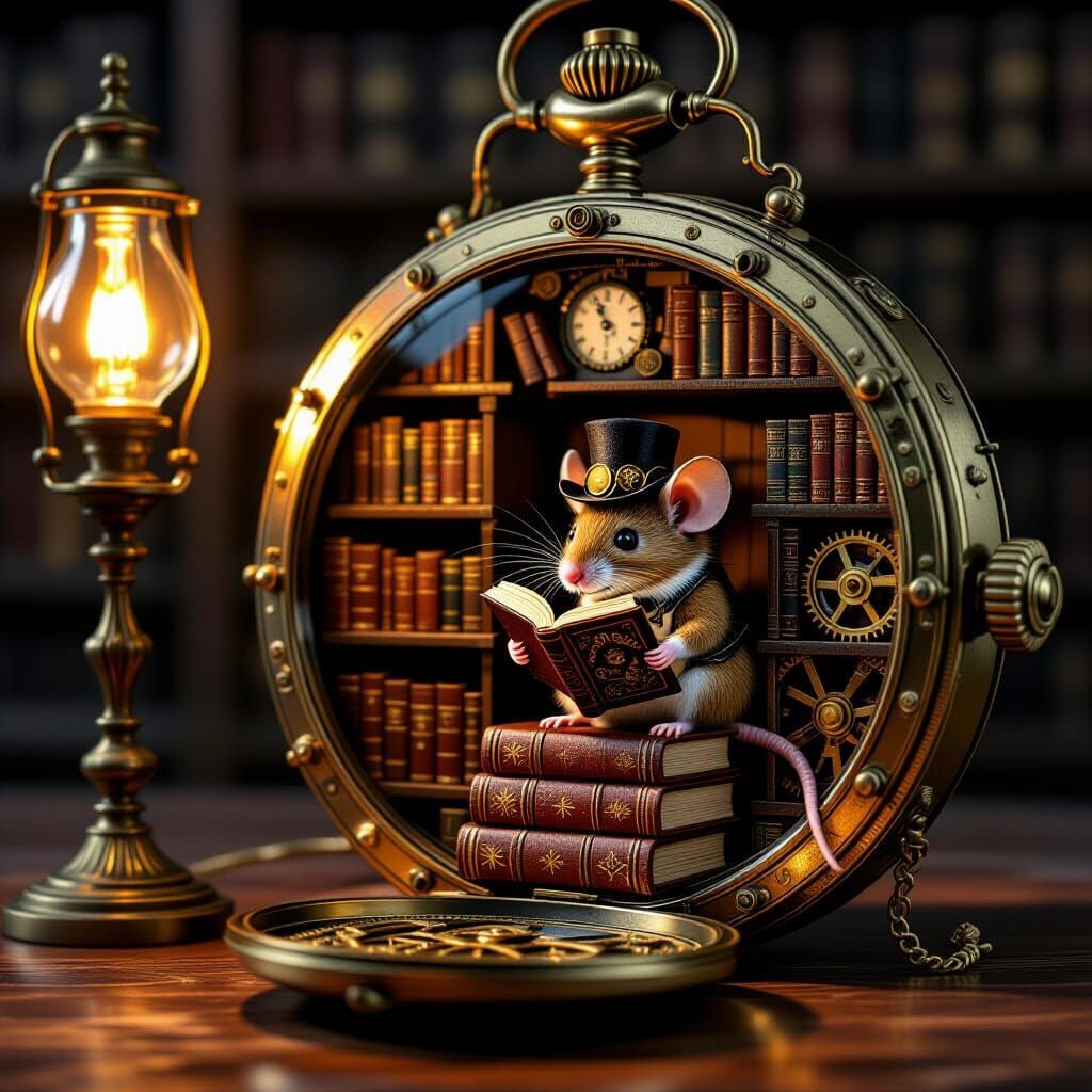 A miniature steampunk library meticulously crafted inside a vintage pocket watch. Tiny gears and clockwork ...  by @Oclara