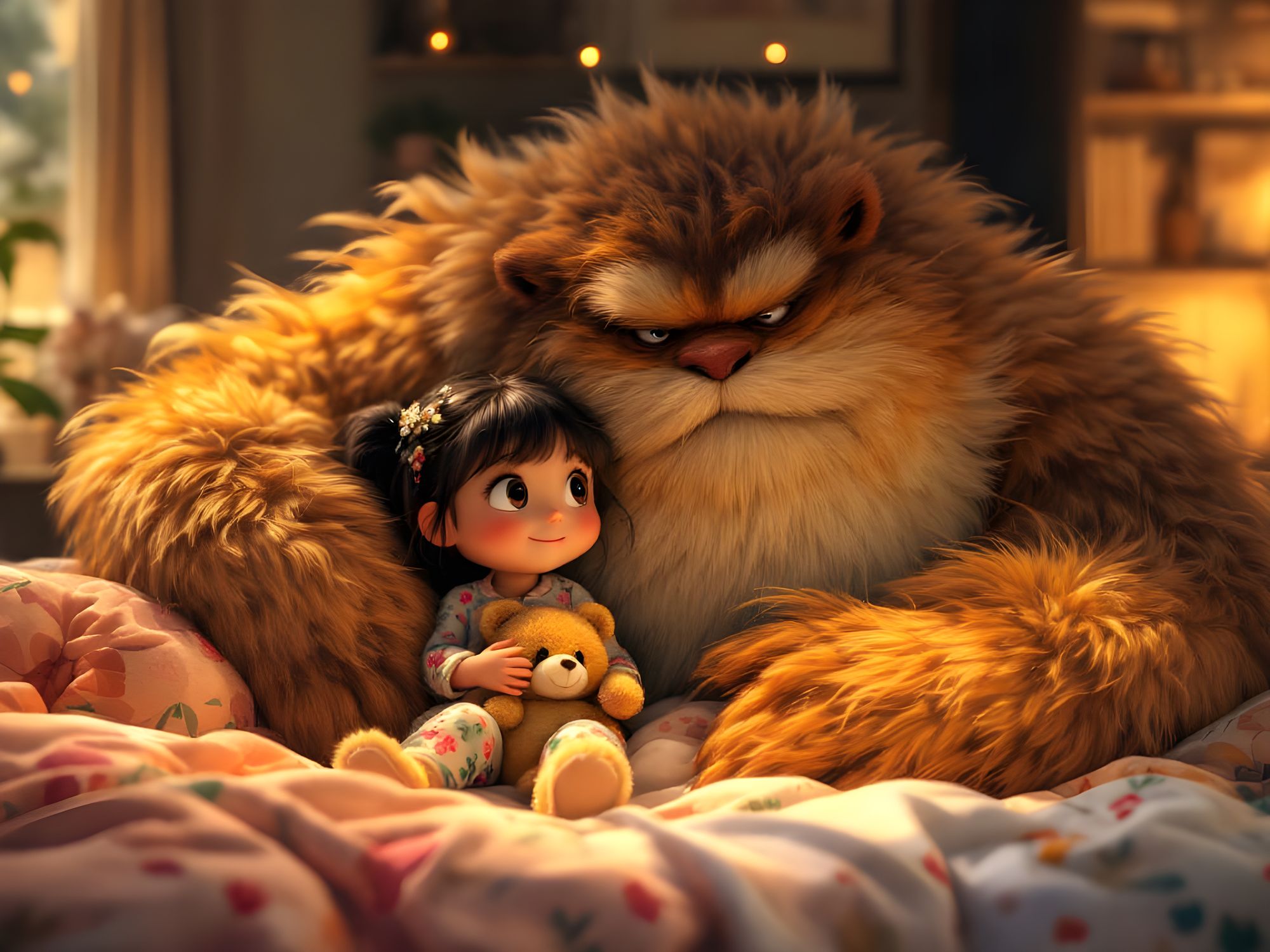 A sweet little girl in adorable floral pajamas clutching a worn teddy bear sits on the edge of her cozy bed next to a giant but friendly fur...