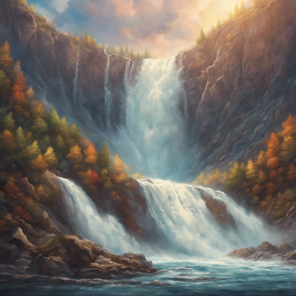 Large mile wide Waterfall with tremendous power roaring wate...