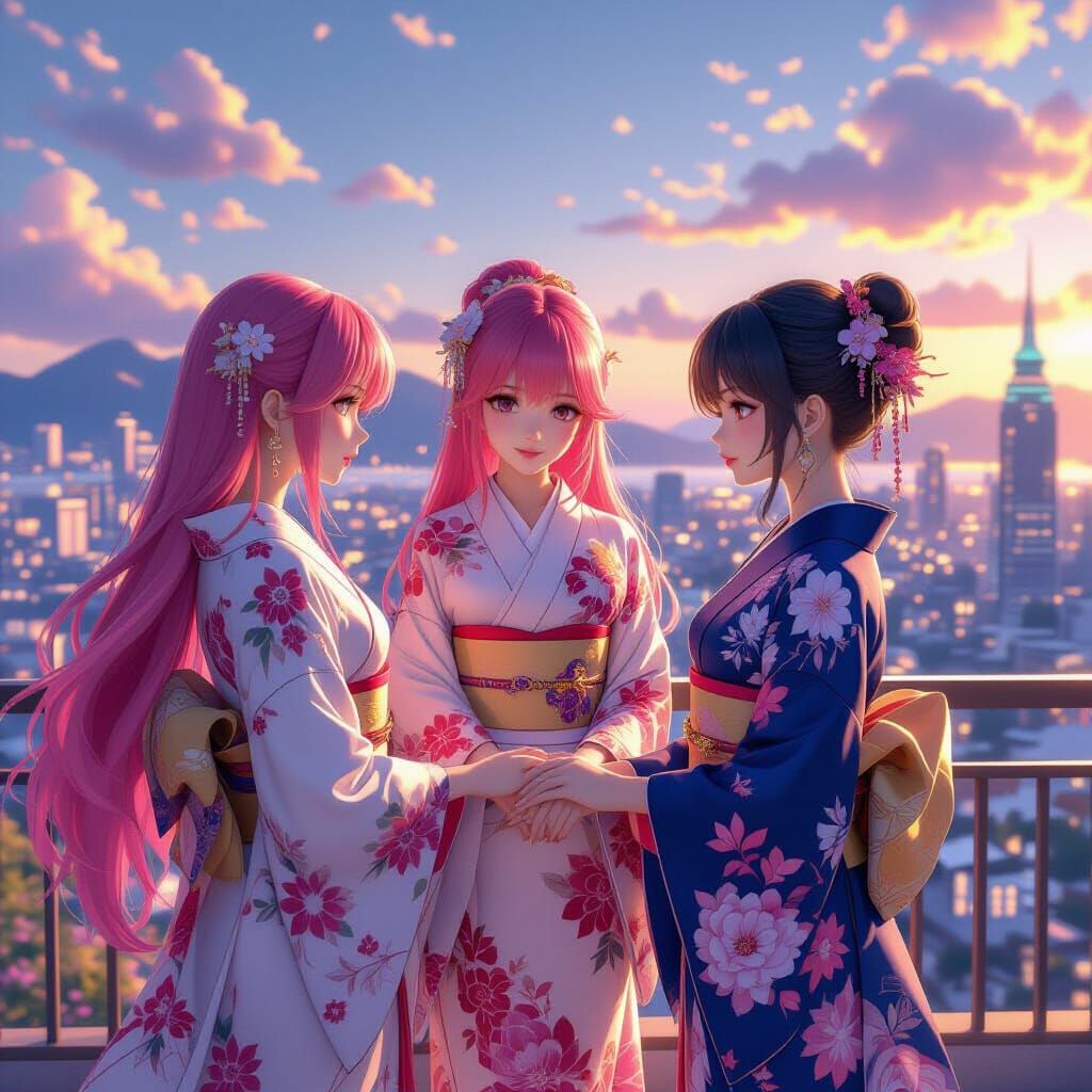 Anime Girls on Balcony Overlooking Futuristic City