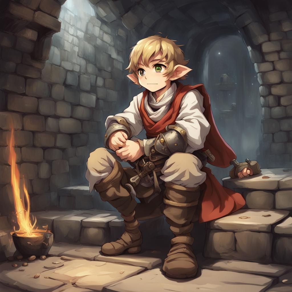 <lora:Fantasy Anime:1.0> Anime Male halfling fighter with cook ware weapons and armor who cooks monsters.  Brown hair, green eyes, early twe...