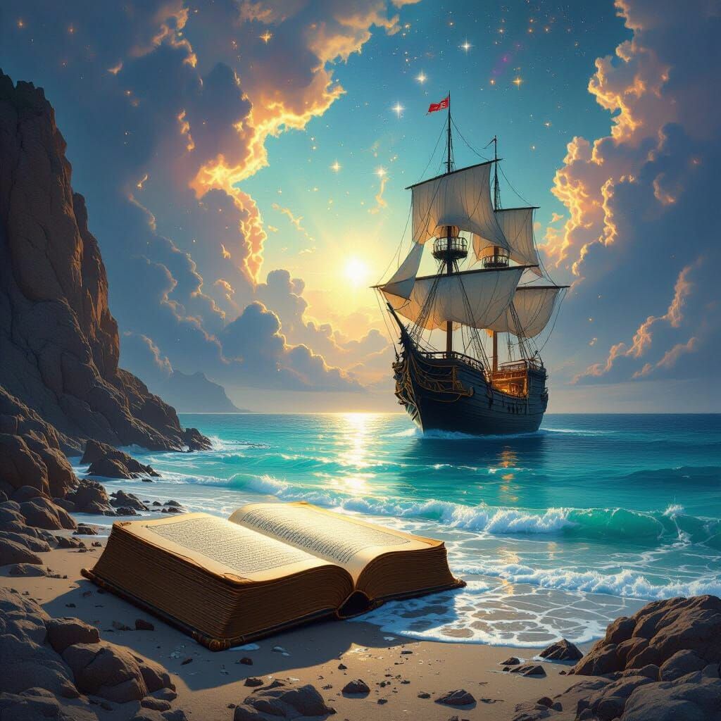 a glowing book toward a sparkling sea with a ship. This image showcases fantastical and meticulously detailed elements with a magical aesthe...