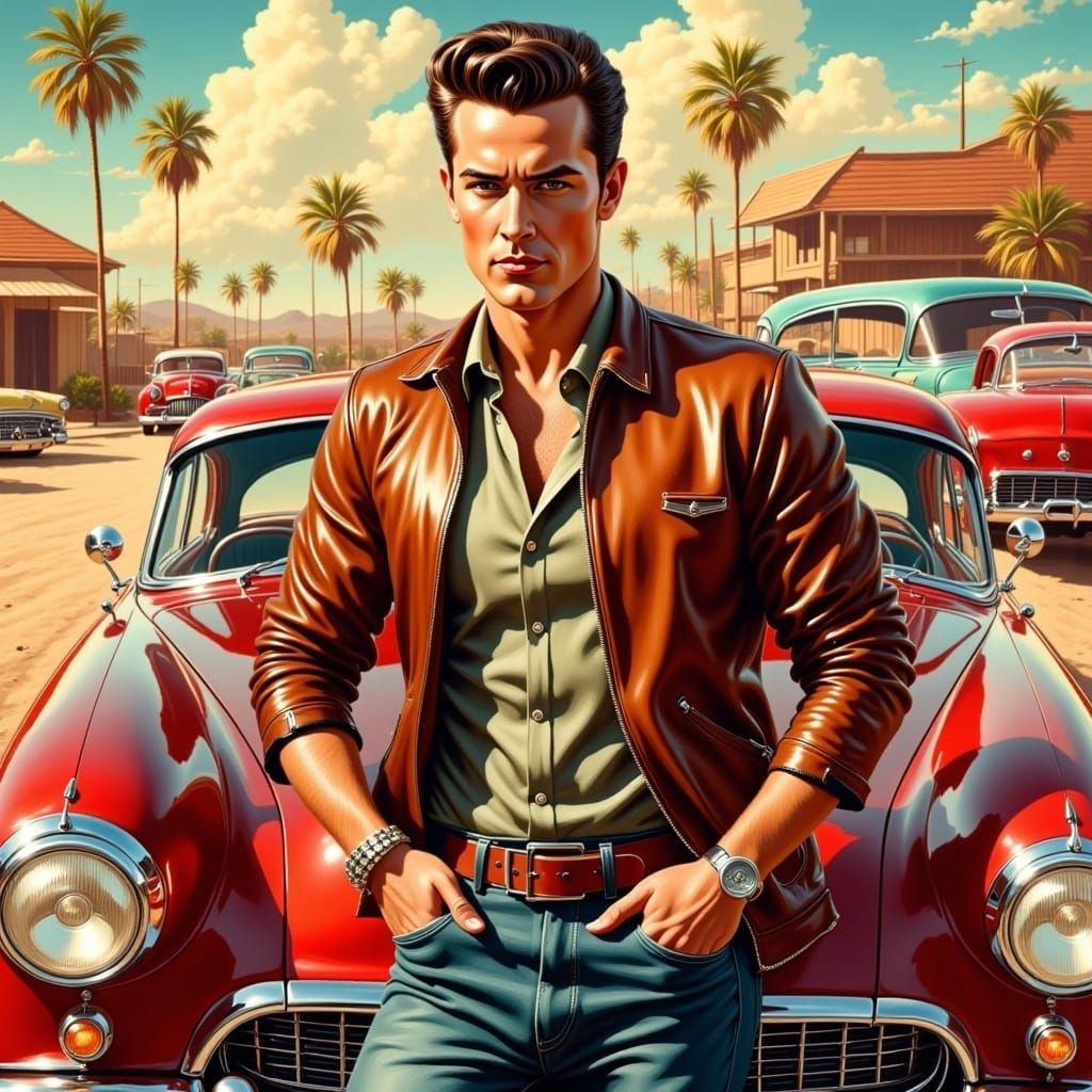 Beautiful man wearing a leather jacket,with a classic car, <lora:Retro Rockabilly:1.0> vintage 50s illustration art